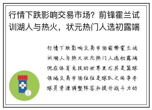 行情下跌影响交易市场？前锋霍兰试训湖人与热火，状元热门人选初露端倪