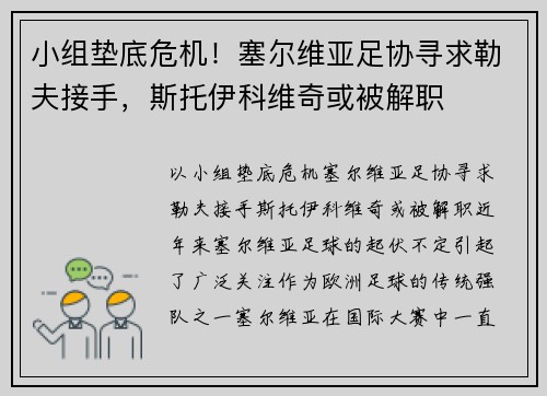 小组垫底危机！塞尔维亚足协寻求勒夫接手，斯托伊科维奇或被解职