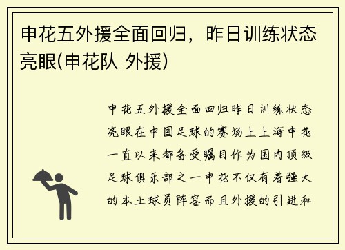 申花五外援全面回归，昨日训练状态亮眼(申花队 外援)