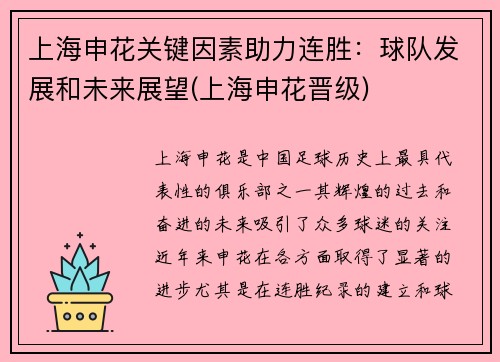 上海申花关键因素助力连胜：球队发展和未来展望(上海申花晋级)
